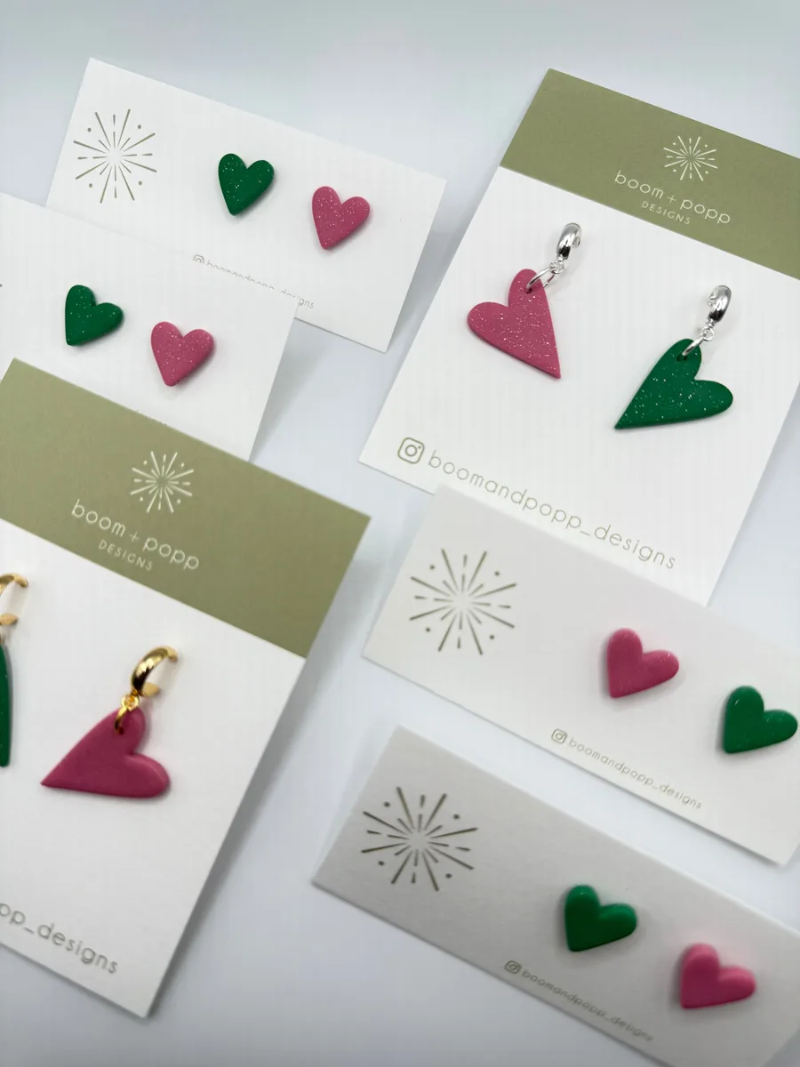 Green and pink heart studs and dangles on boom+popp cards