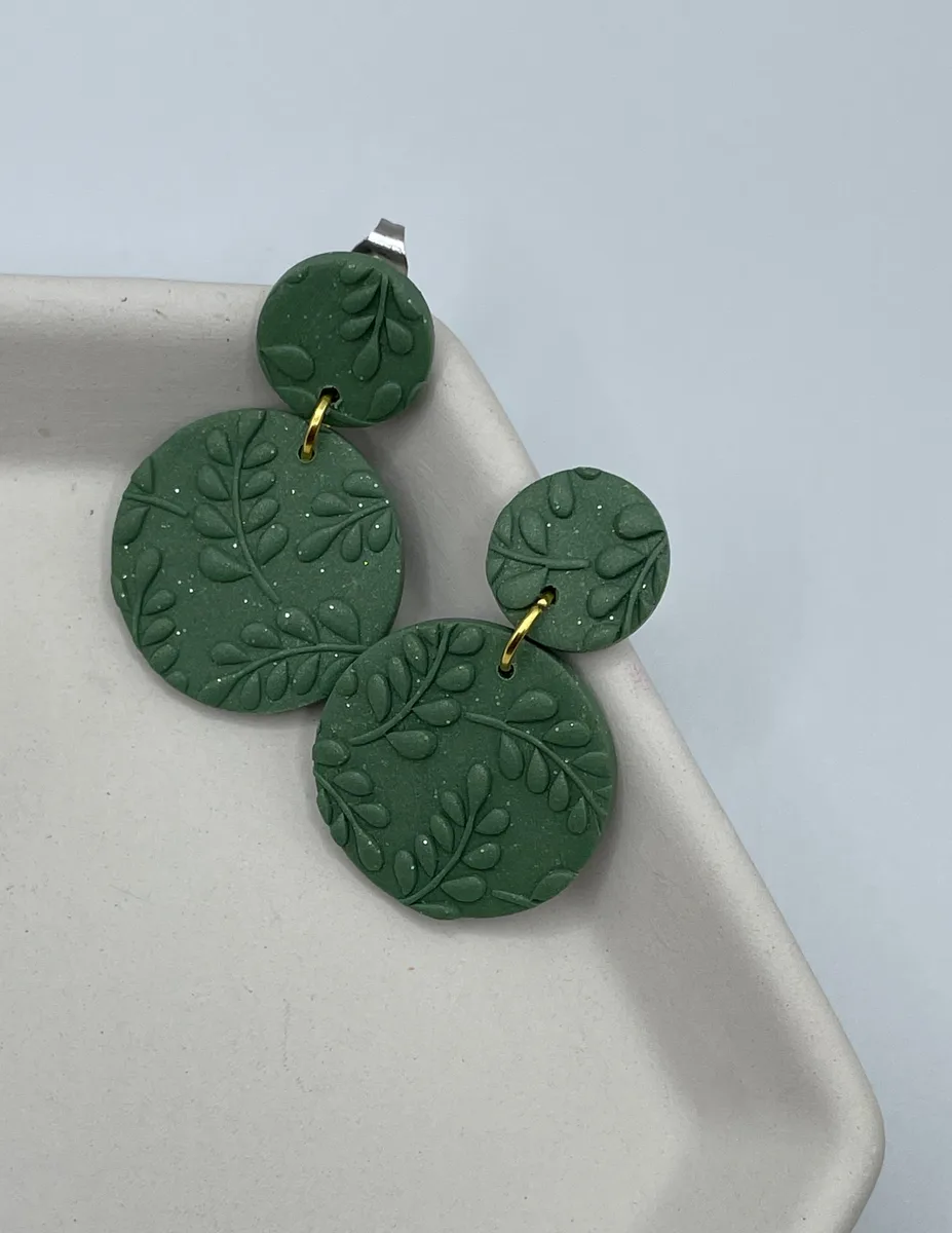 Green fern-embossed polymer clay earrings
