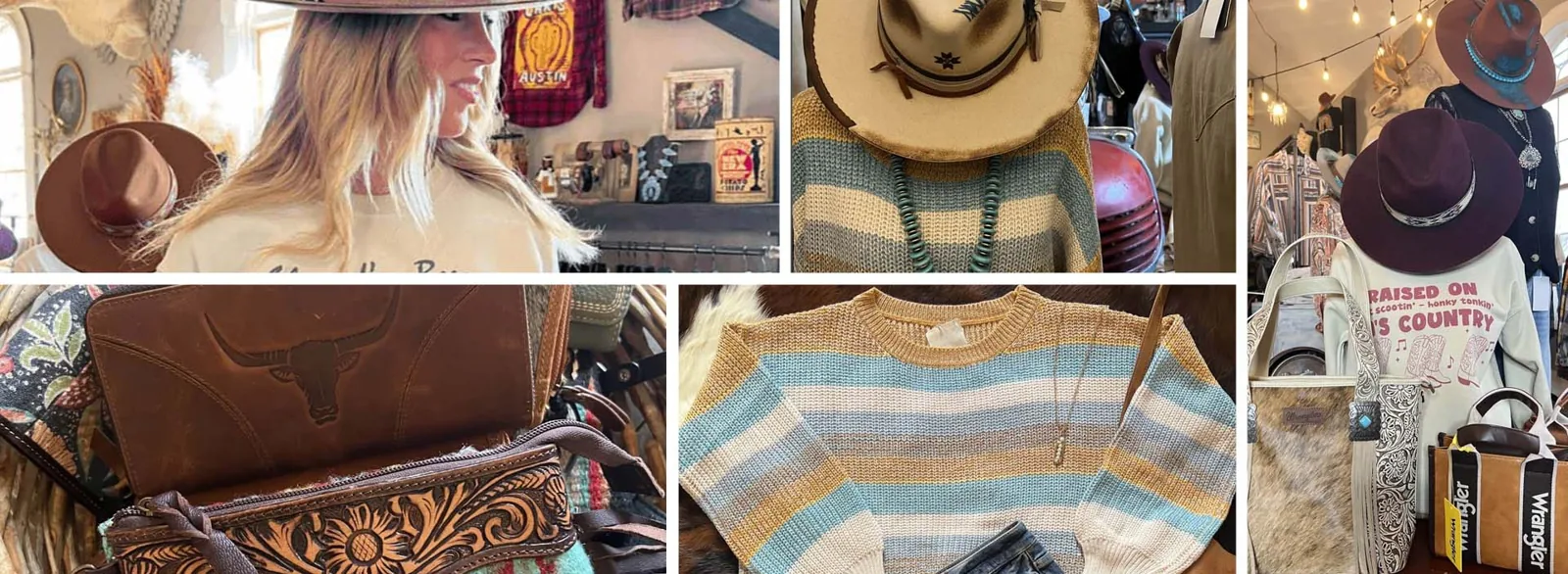 Hats, western shirts, leather bags and sweaters at Buckeye Charm