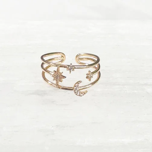 Celestial Moon & Stars Layered Adjustable Ring