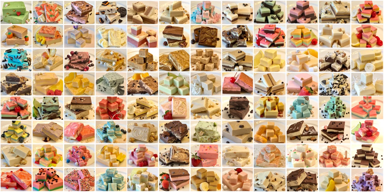 A collage of Fifty Flavors fudge in dozens of colors and flavors