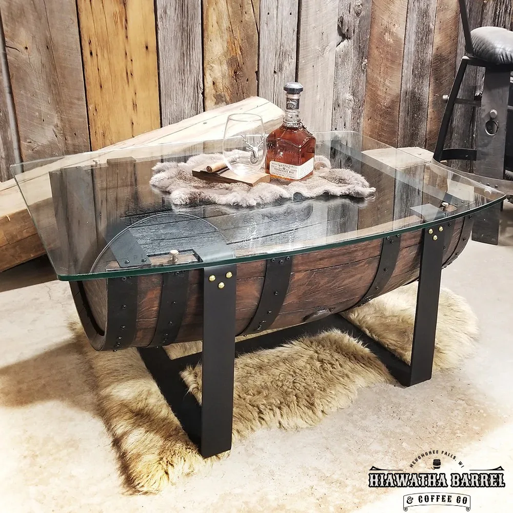 Glass-topped bourbon barrel coffee table