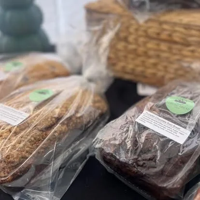 Wrapped loaves stacked on the market table