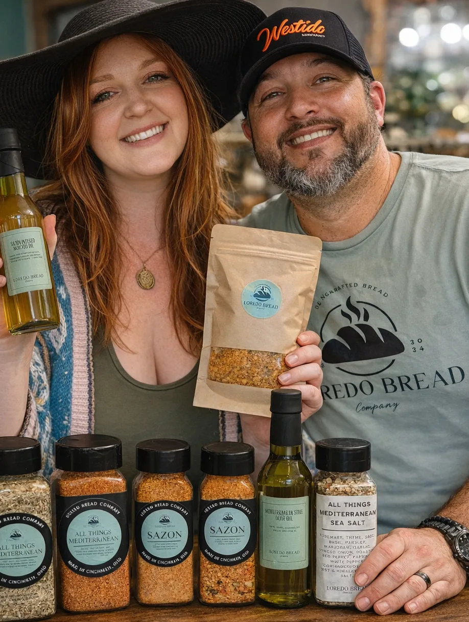 The Loredos holding their seasoning blends, infused oils and bread mix