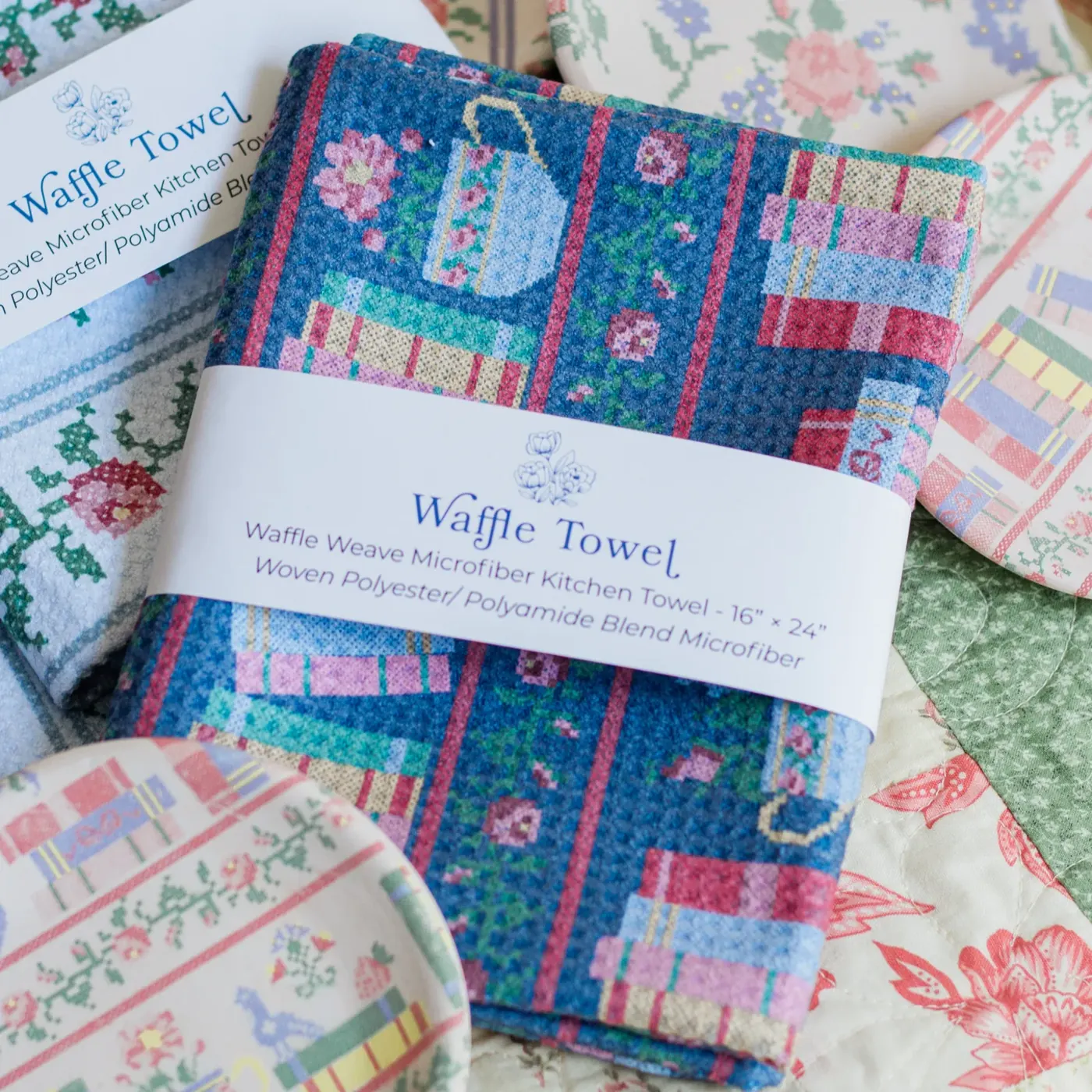 Cross Stitch Bookshelf Waffle Knit Tea Towel