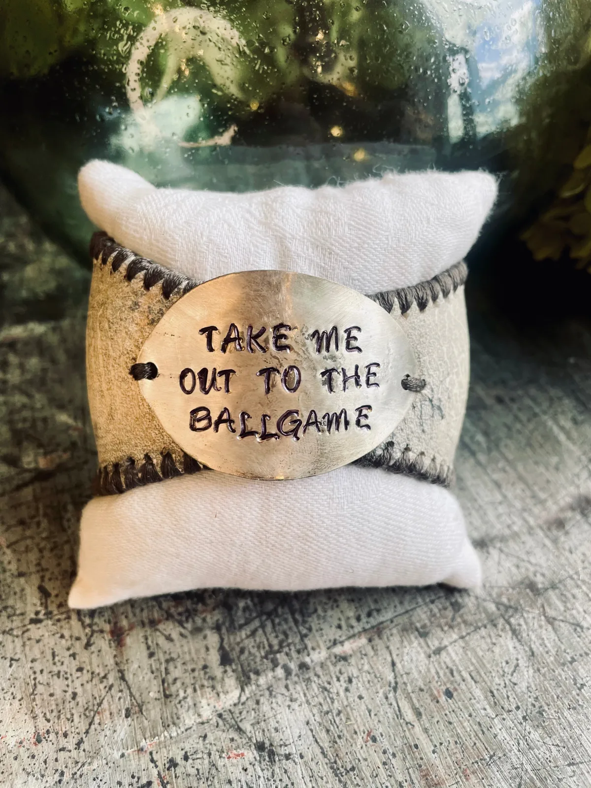 Hand-stamped baseball leather cuff bracelet