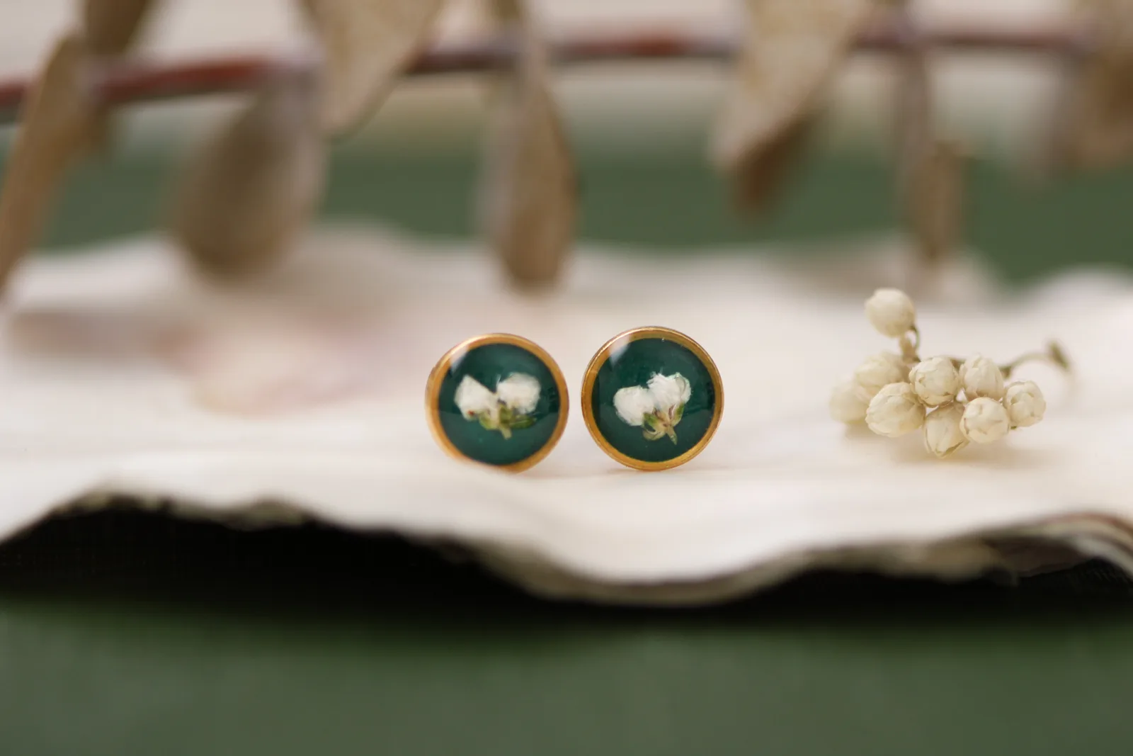 Dark Green Botanical Stud Earrings with White Alyssum