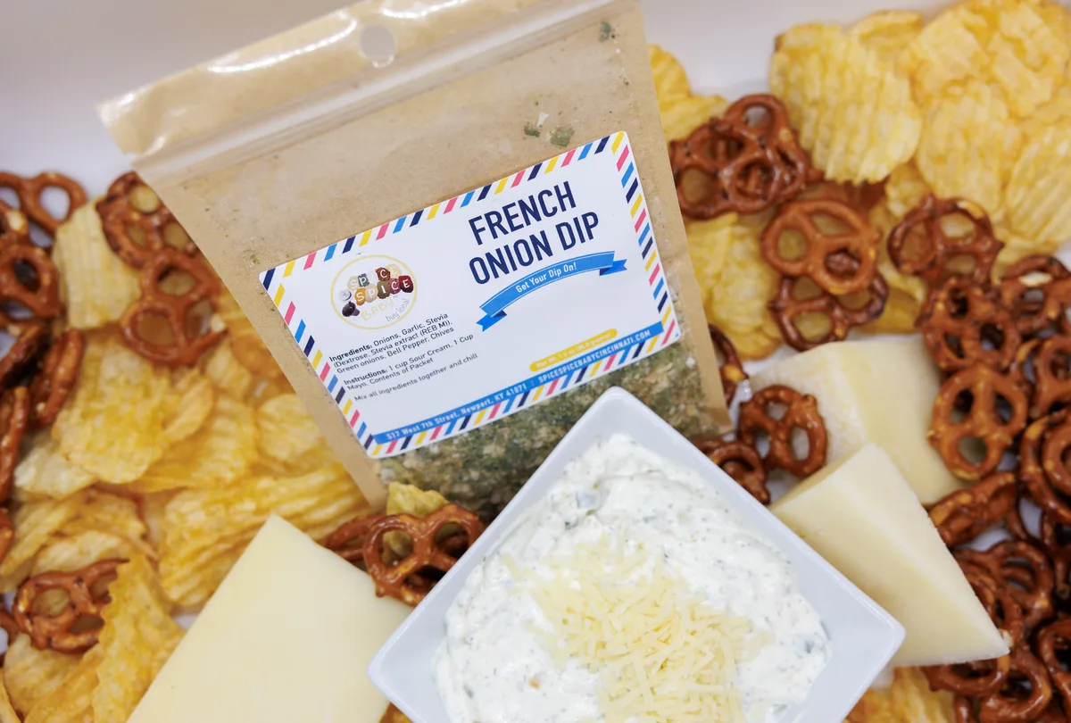 French onion dip mix with pretzels, chips and cheese