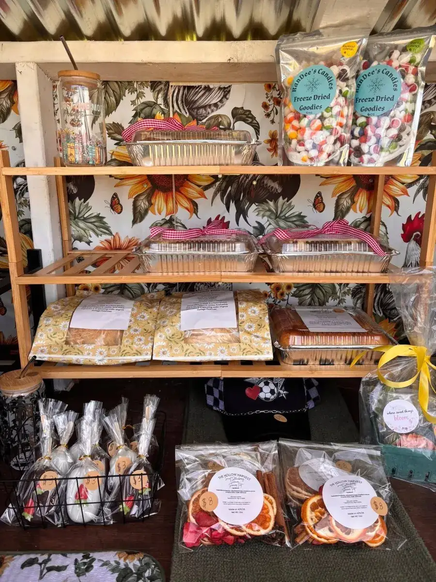 Freeze-dried candy, cookies and treats on the stand shelves