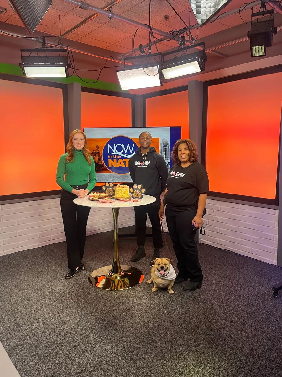 The Pawstry Chef with treats and a bulldog on the set of FOX19's Now in the Nati