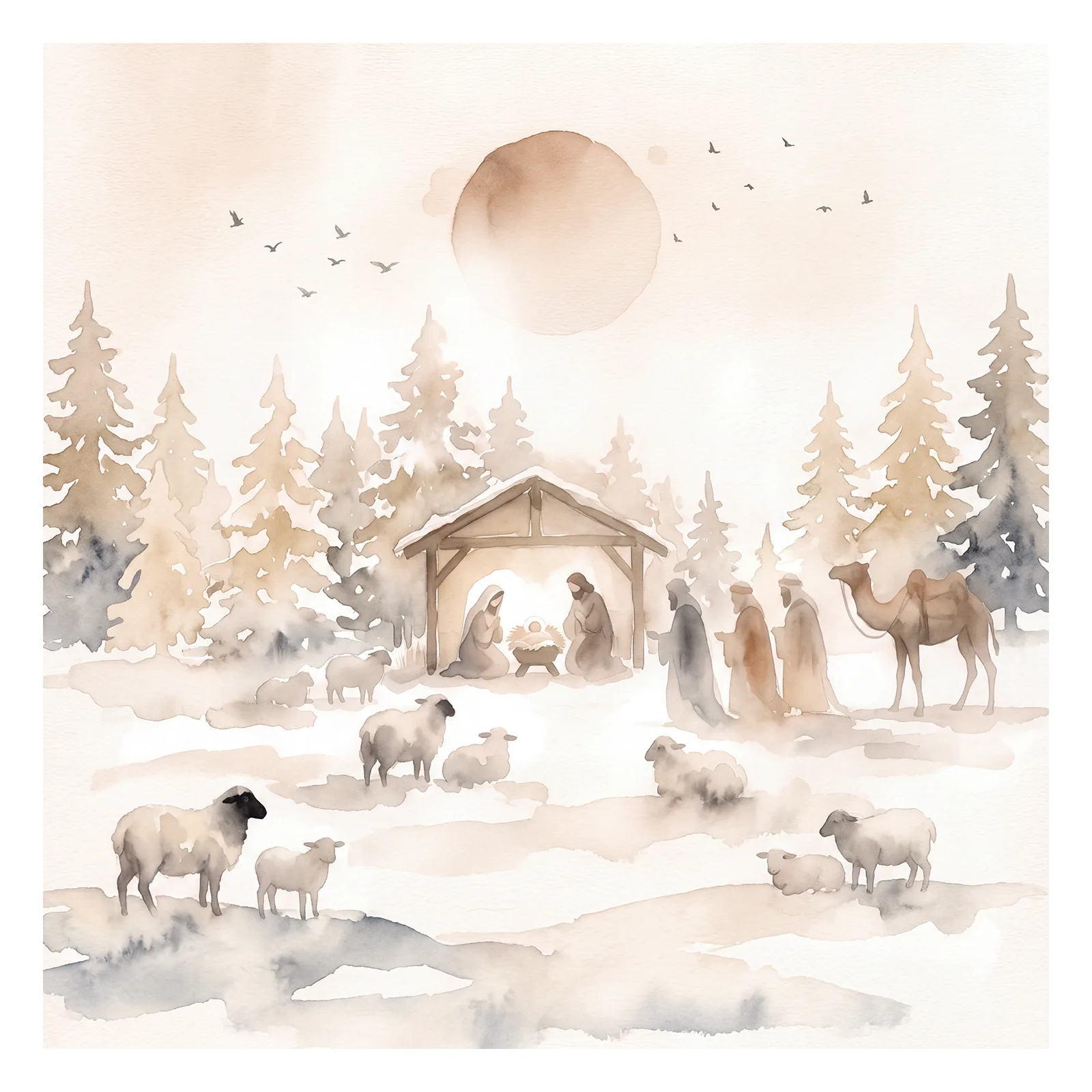 Watercolor Nativity Scene print