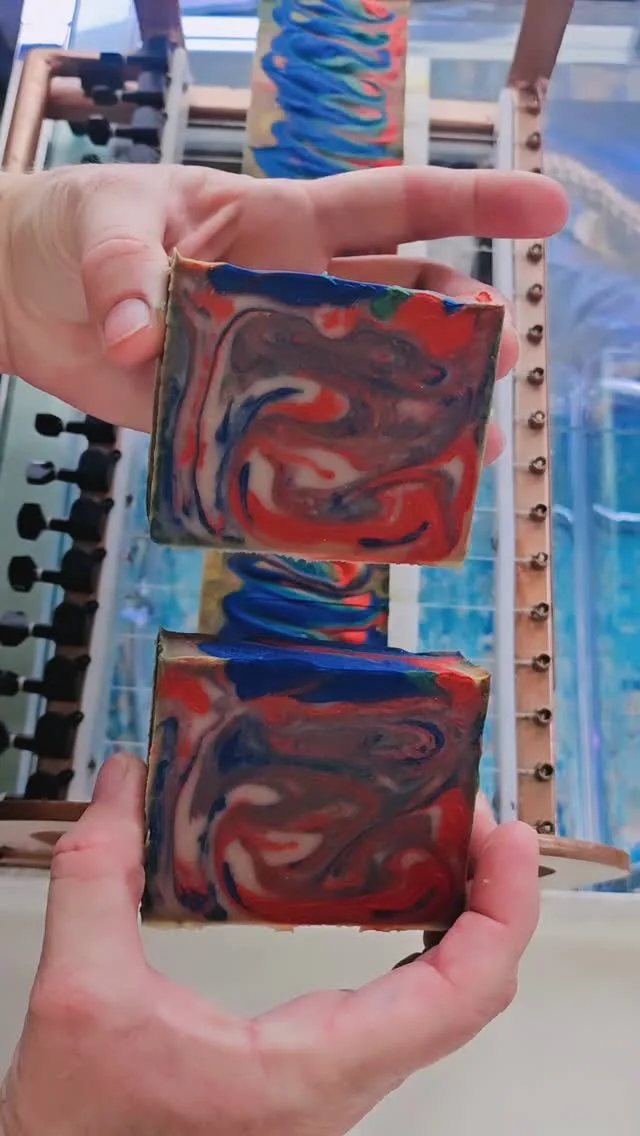 Freshly cut bars of swirled Smoky Vanilla Woods soap