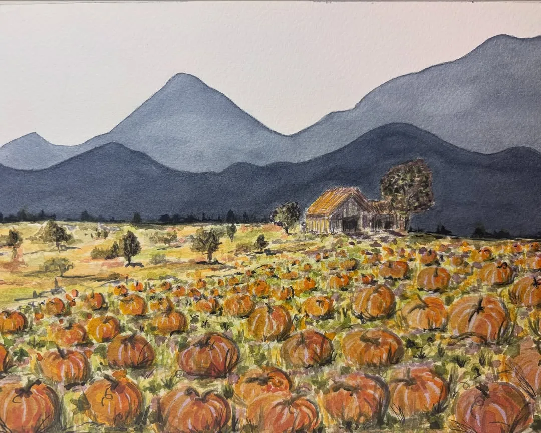 "The Gathering Season", a watercolor of a pumpkin field below blue hills
