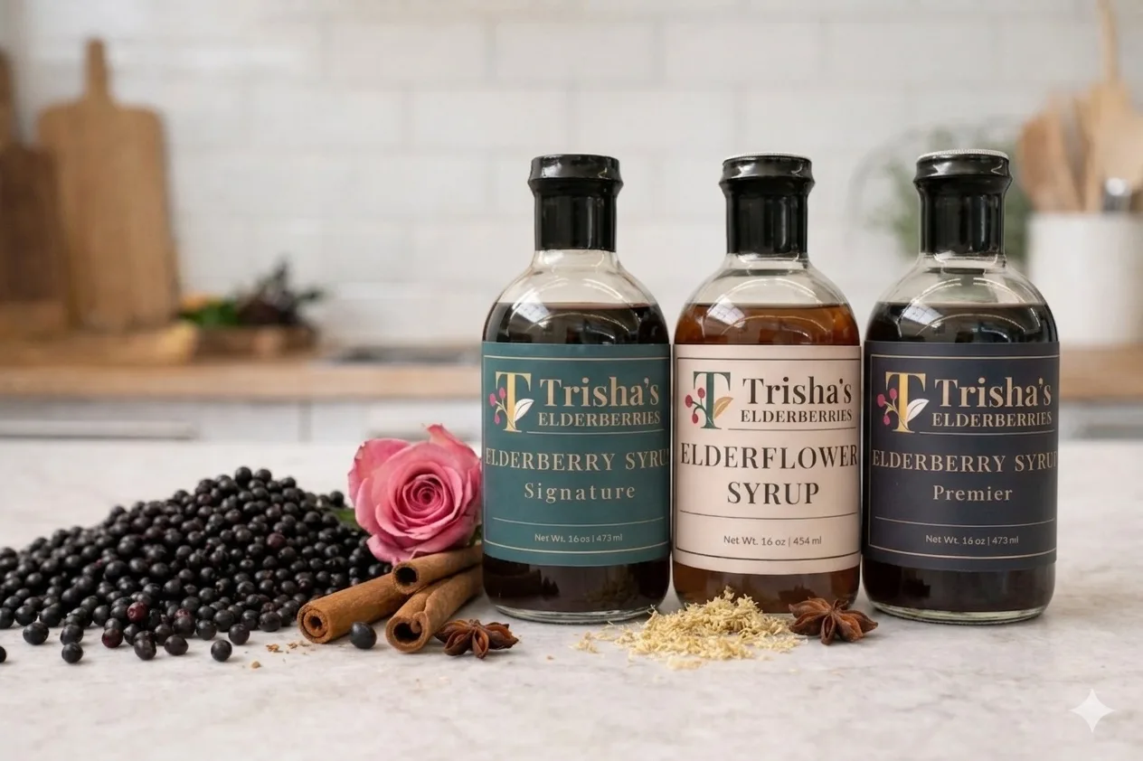 Signature, Elderflower and Premier syrups with elderberries and cinnamon