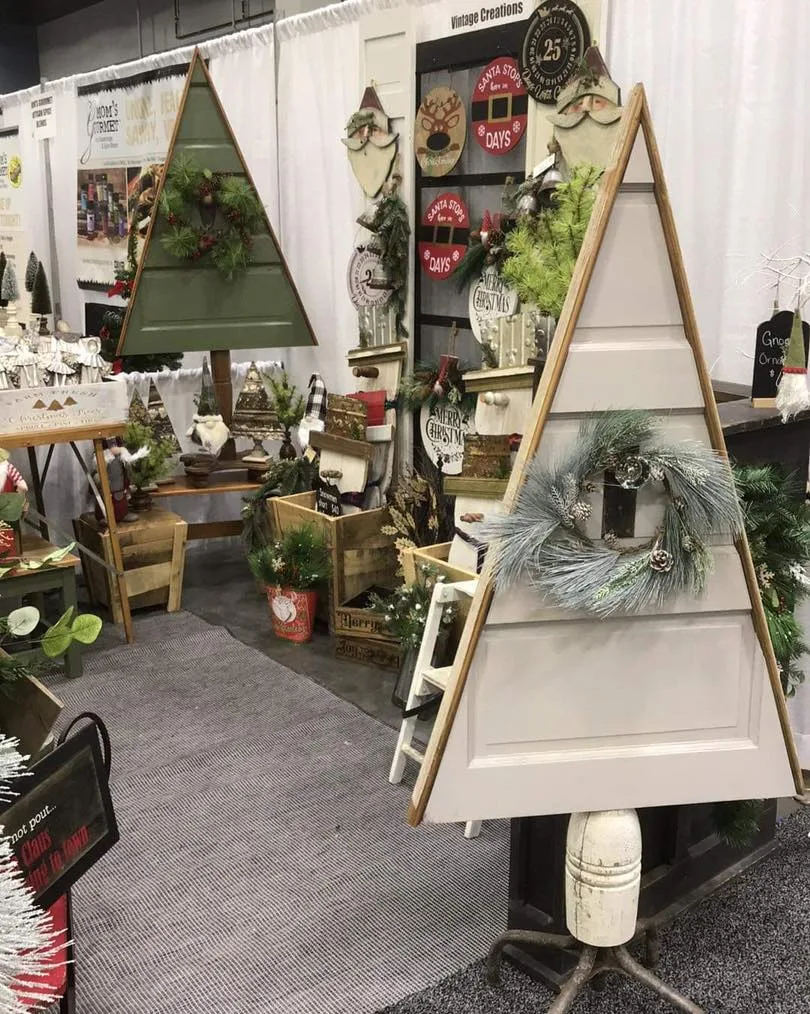 Christmas trees made from painted boards and old doors